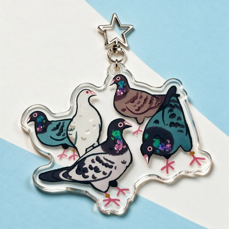 Pigeon Party Acrylic Keychain Star Buckle City Bird Charm Clear Birding KeyRing Gift for NYC Chicago Bird Lovers Backpack Decor