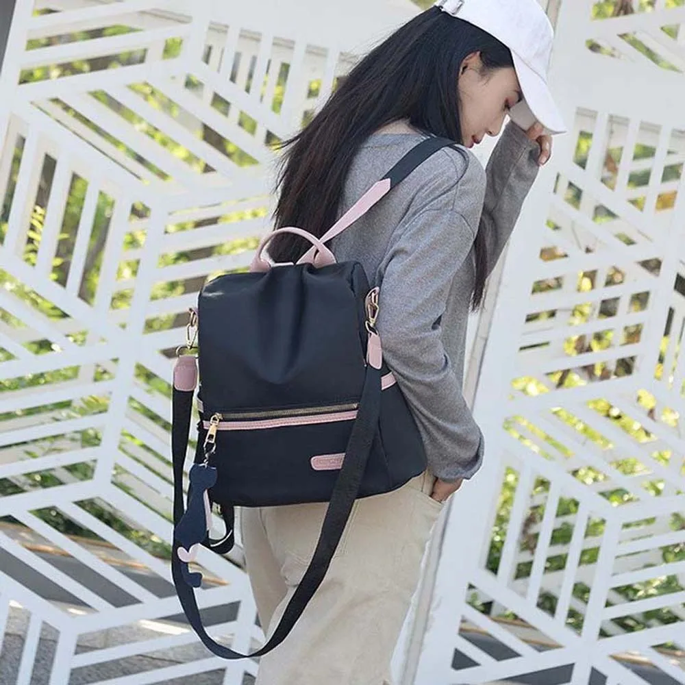 Polyester Women Daily Backpack Large Capacity Cat PU Pendant Oxford Cloth Daypack Anti-splash Water Anti-theft