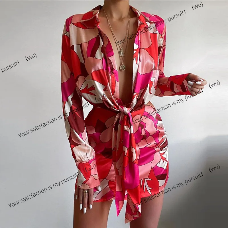 

Европейская и американская сексуальная женская одежда с лацканами и принтом, платье-рубашка с длинными рукавами и бедрами