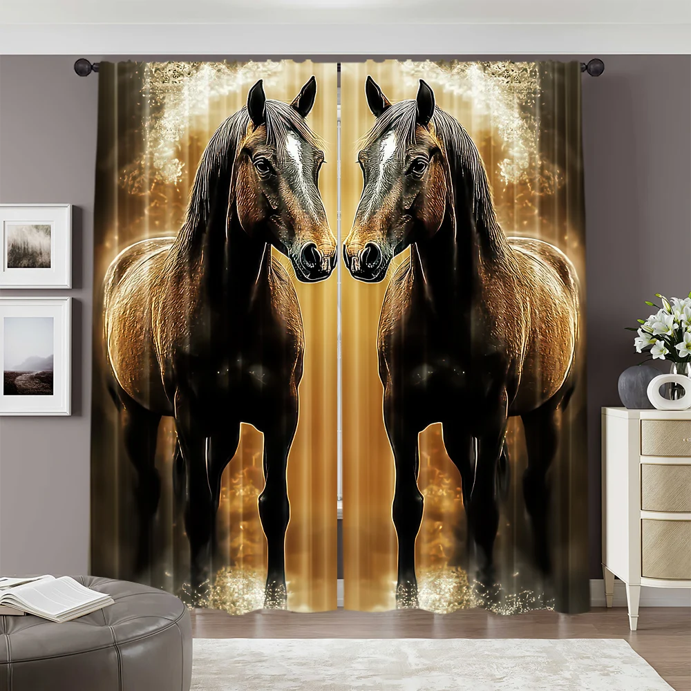 2pcs, 2D flat printing Curtain Dual Horses Artistic Golden Image Versatile Durable Polyester,Without Electricity Birthday Party