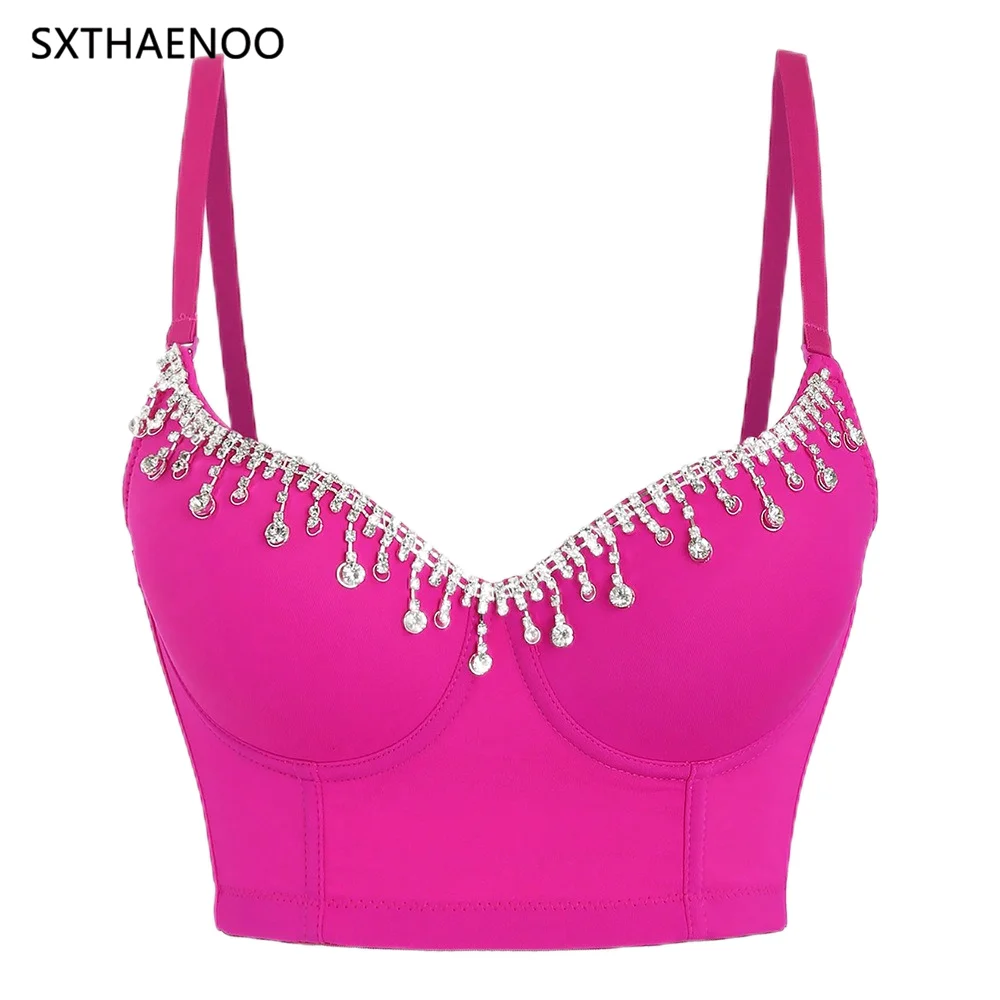 

SXTHAENOO Sexy Rose Red Rhinestone Tassel Crop Top Women Camis Night Club Party Corset Crop Top Streetwear Push Up Bustier Bra