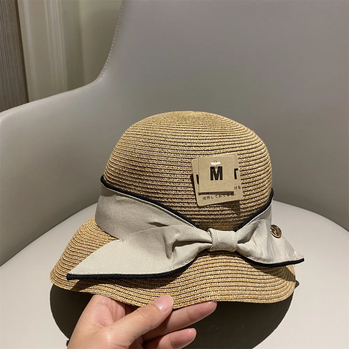 Star Sun Li style bow straw hat Japanese UV fine grass woven sunshade UV protection pot hat summer big brim celebrity sun hat