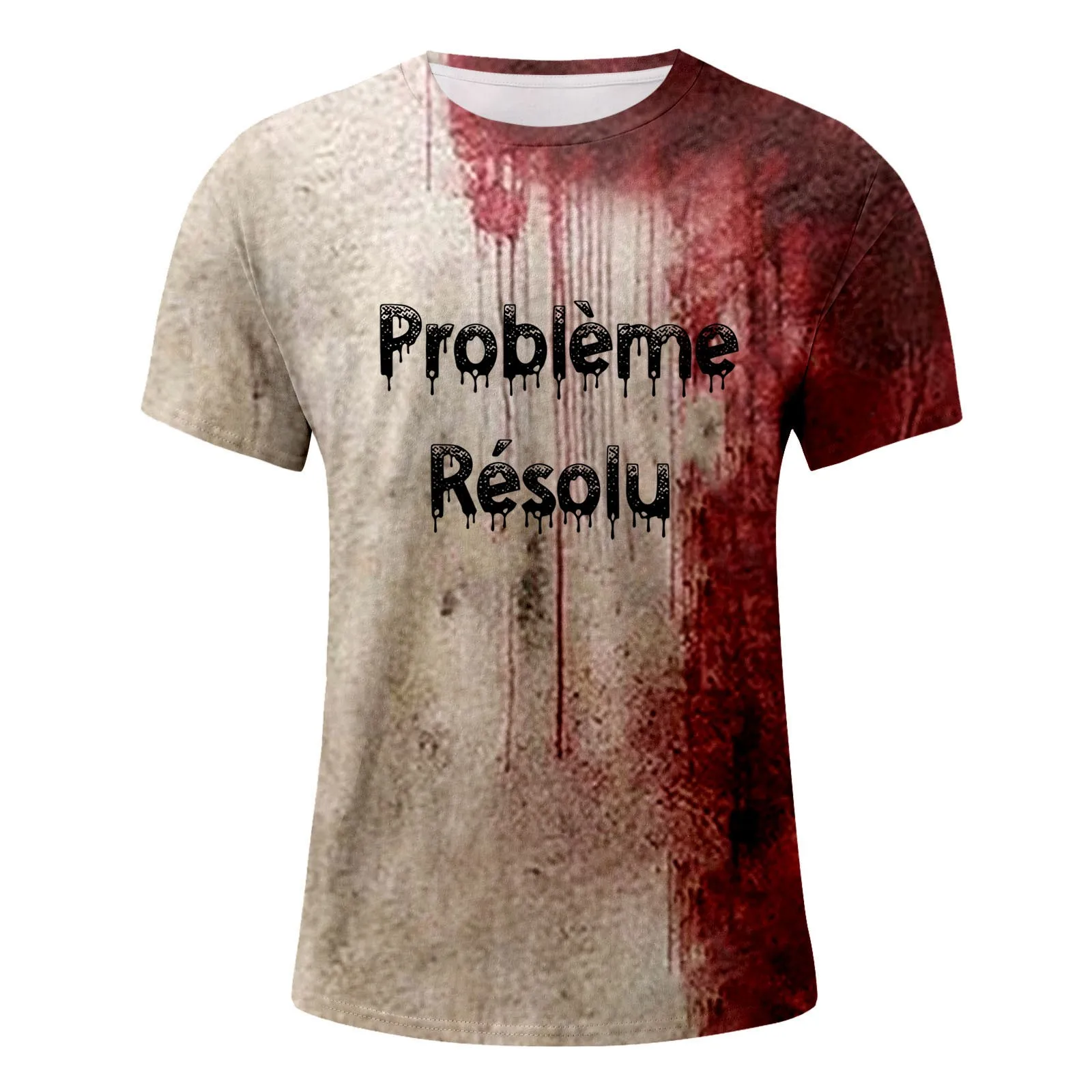 Probleme Resolu Bloody Fonts T-Shirt Short Sleeve Round Neck Distressed T Shirt Male 2024 Halloween Print Tops Holiday Party Top