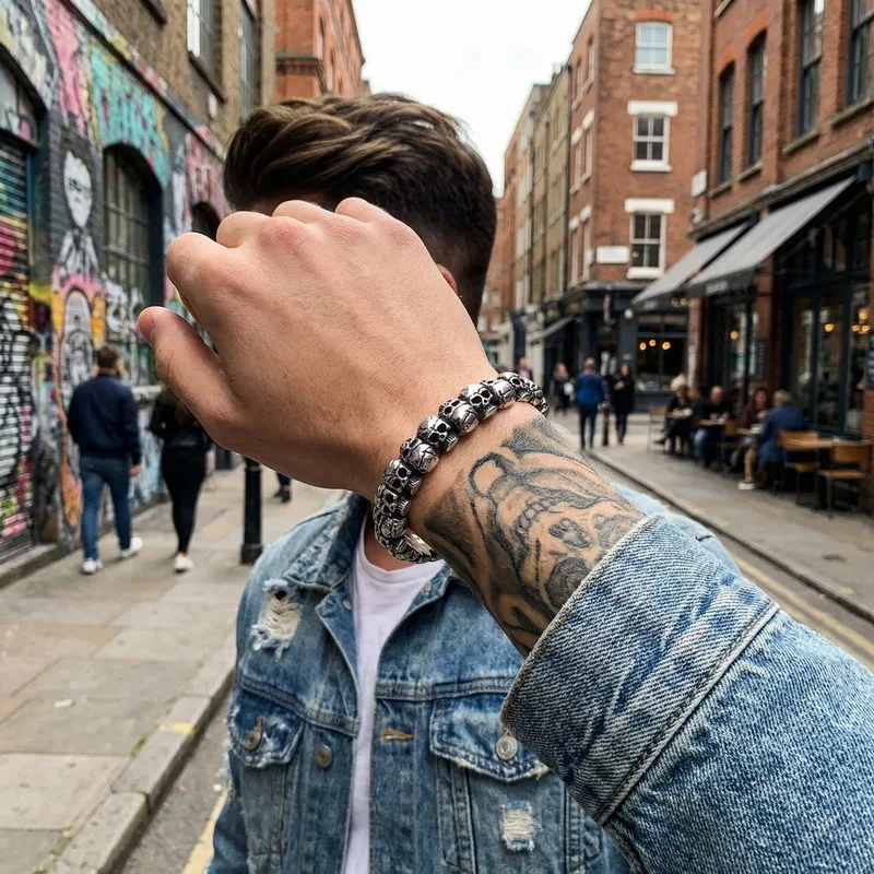 Fongten Punk Cuff Bangle for Men Stainless Steel Skeleton Bangle Jewelry Wholesale Halloween Horror Party Theme Accessories