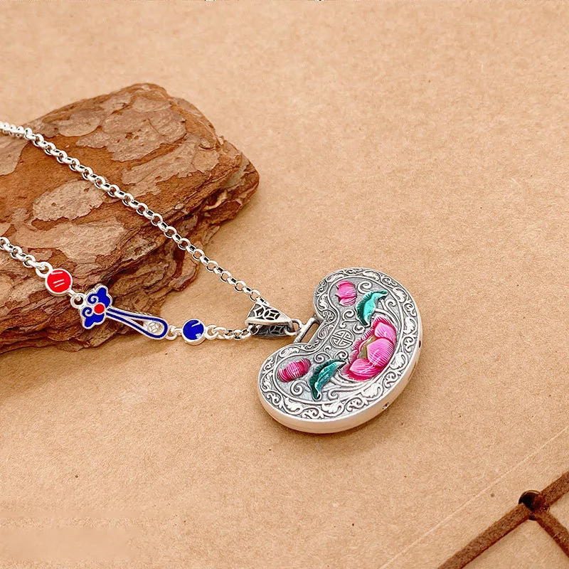 silver 925 Retro Double sided Peony Lotus Ruyi Lock Necklace Colorful Enamel Relief Pendant Exquisite Classic Jewelry Gift
