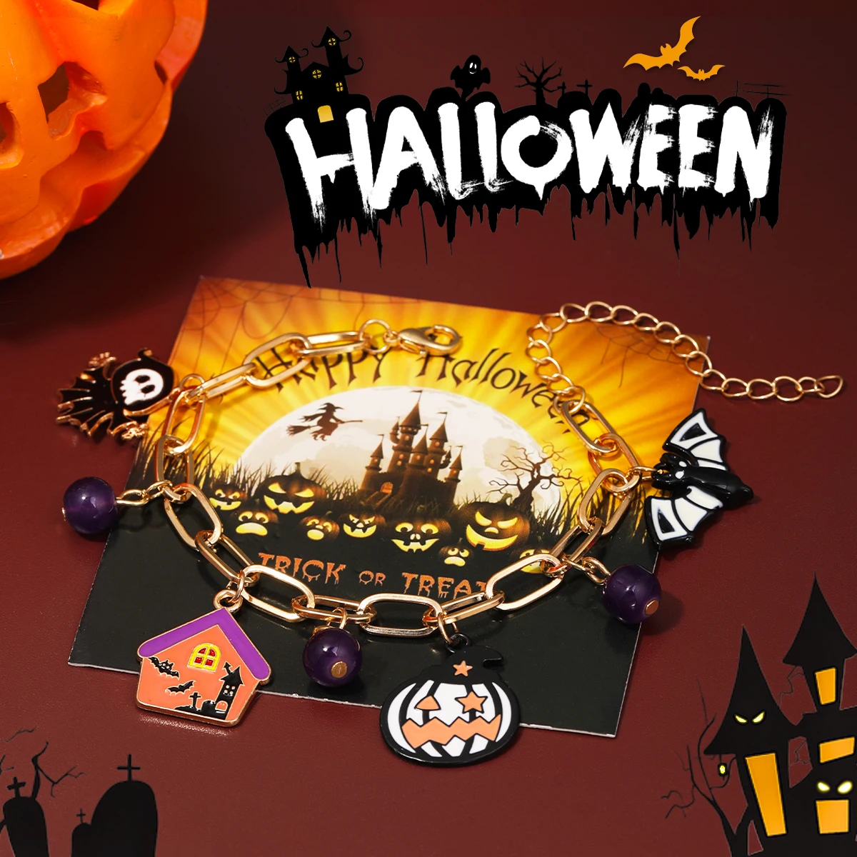 Pulseras con colgante de calabaza y calavera para mujer, serie de Halloween, divertido fantasma, araña, murciélago, cadena de Metal, pulsera con dijes, regalos de joyería para fiesta