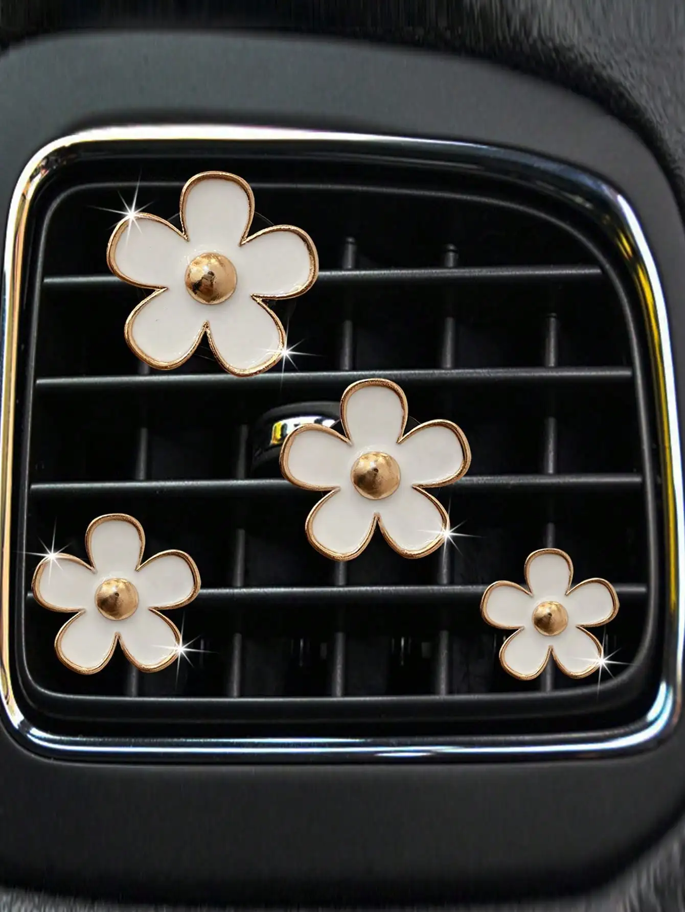 

4/8/12pcs Alloy Daisy Car Vent Clips for Auto Interior Fragrance & Decor, Gold Trim White Flower Design
