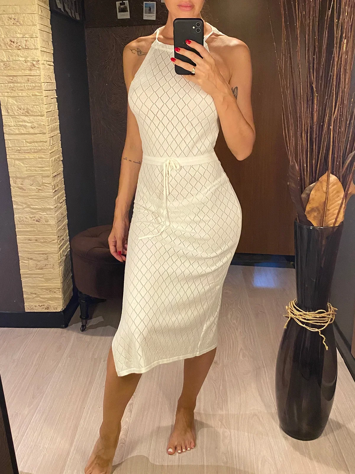 Halter Backless High Leg Cut Crochet Knitted Tunic Beach Cover Up Cover-ups Beach Dress Beach Wear Beachwear Female Women V5753