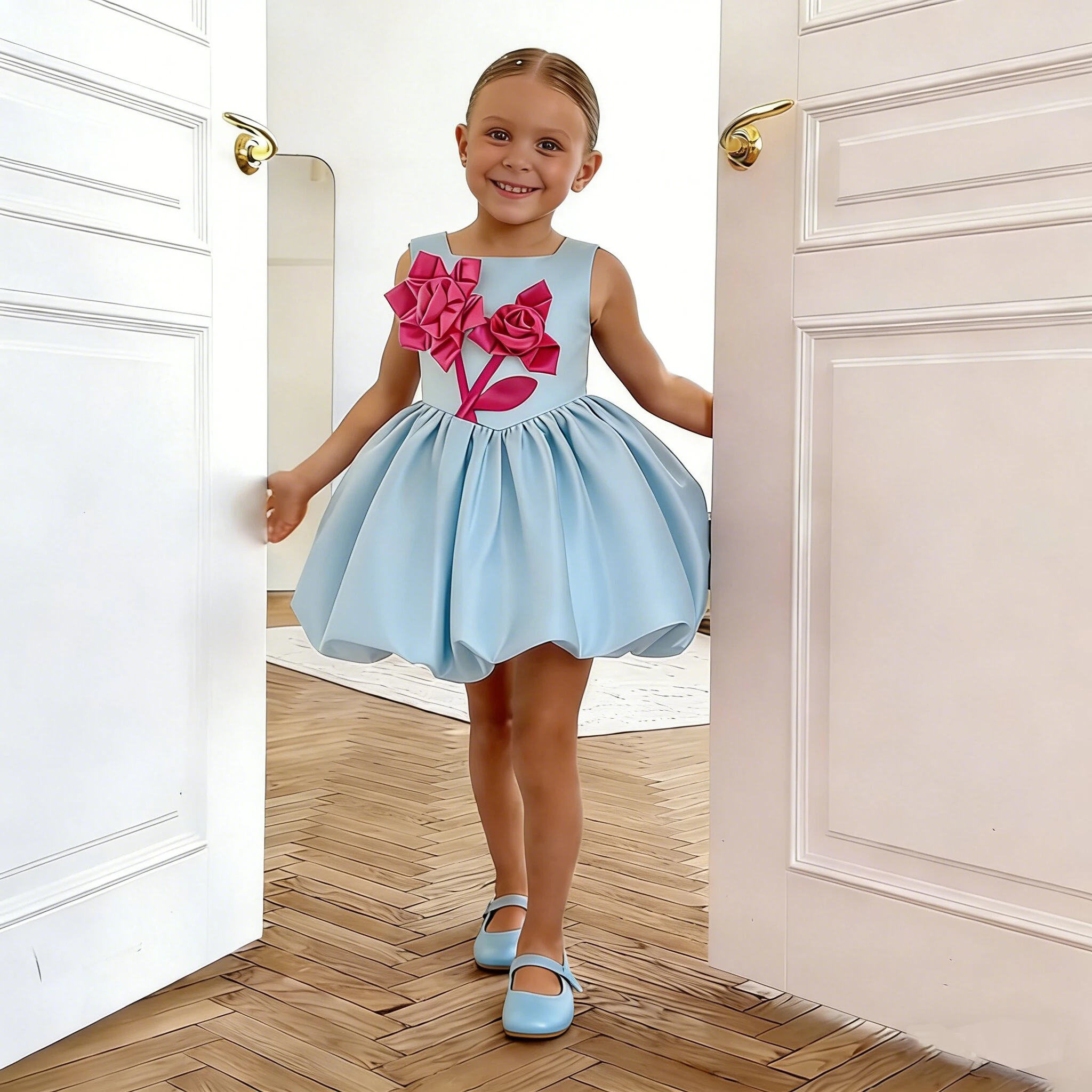 Fahsion Flower Bridesmaids Party Girls Dress Elegant Wedding Birthday Princess Prom Tutu Dresses Girl Gala Baptism Evening Gown