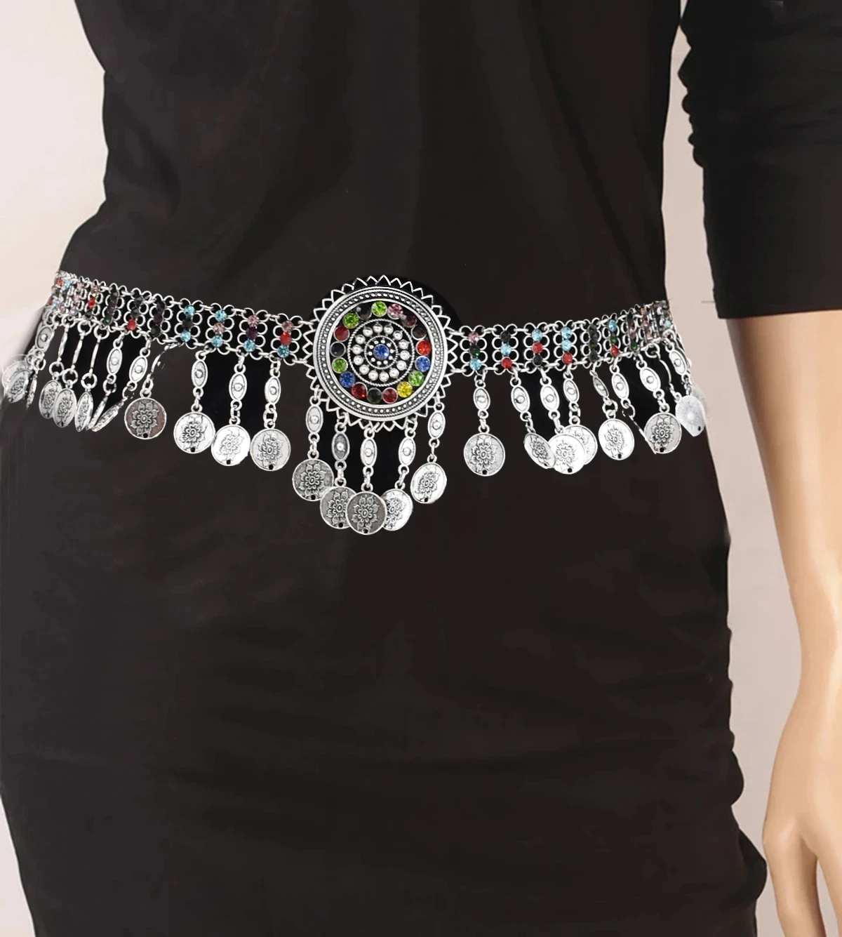 

Bohemian Vintage Silver Plated Coin Tassel Waist Chain Colorful Rhinestone Dance Party Birthday Jewelry Female Accessory Gift