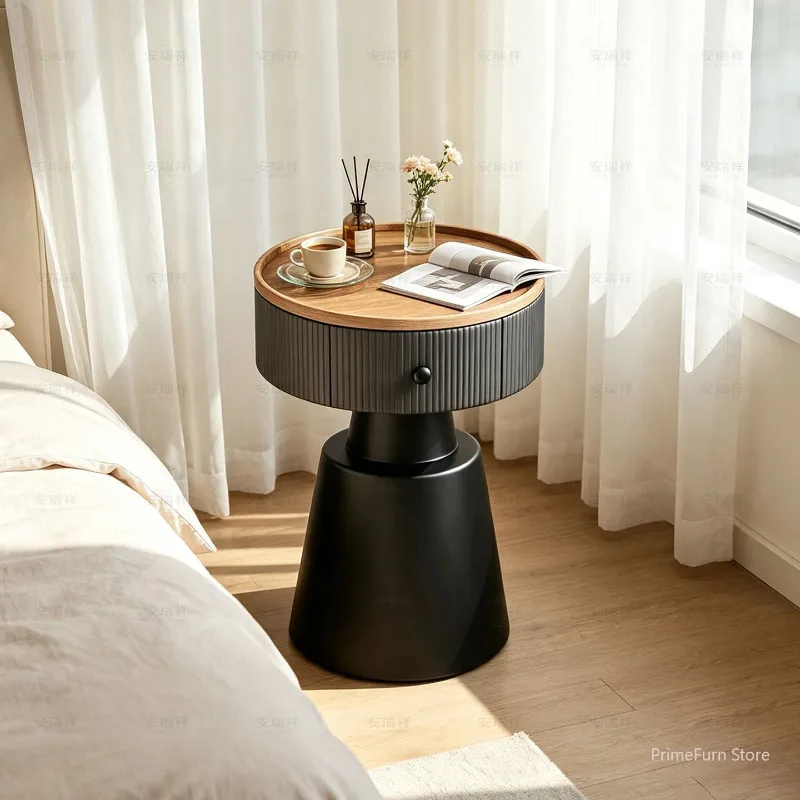 Modern Minimalist Compact Round Black Nightstand Storage Cabinet Home