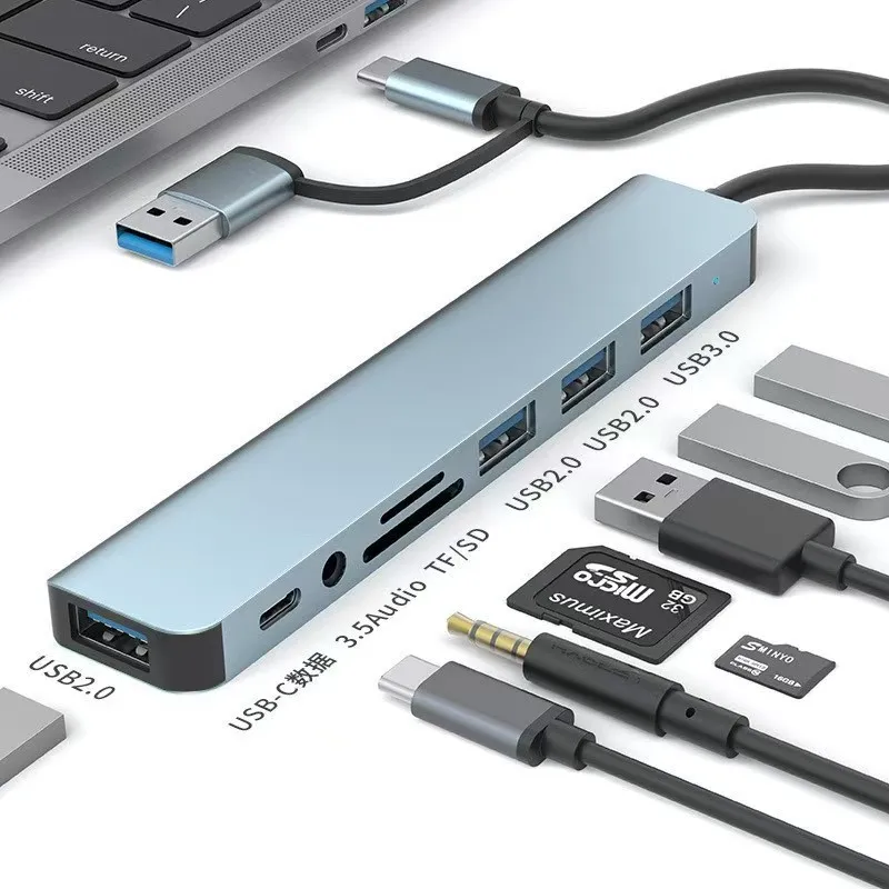8 in 2 USB+Type C HUB Docking Station with 3.5mm Audio Jack Adapter Micro SD/TF Card Reader Laptop Tablet Phone Disk Converter