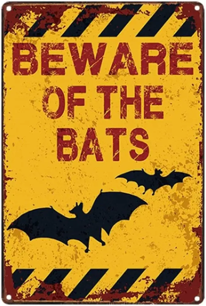 Original Vintage Design Tin Metal Wall Art Signs, Beware of Bats Thick Tinplate Print Poster Wall Decoration