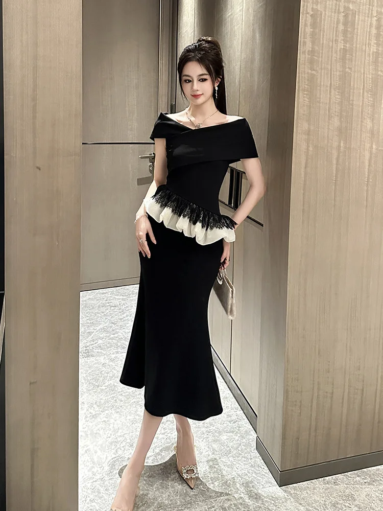 A-Leibniz Damenkleid, schwarzes Kleid, Arbeitskleid, formelles Party-Abendkleid, Hochzeitsbankettkleid 45099