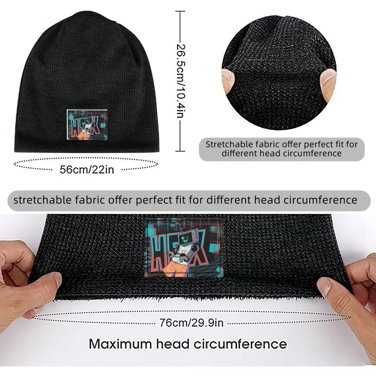 Fnf Hex Neon Artwork Waffle Knit Fleece Lined Beanie with PU Leather Patch Unisex Warm Winter Soft Cap