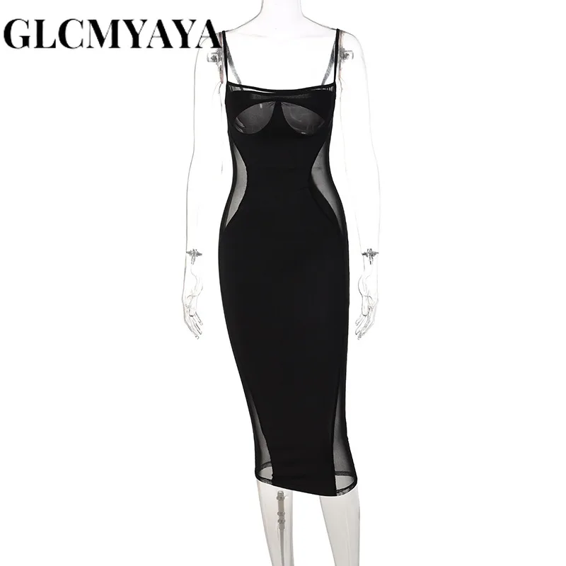 GLCMYAYA Women Casual Net Yarn Sheer Solid Slash Neck Bodycon Dress 2023 Spliced Sleeveless A-LINE Spaghetti Strap Dresses