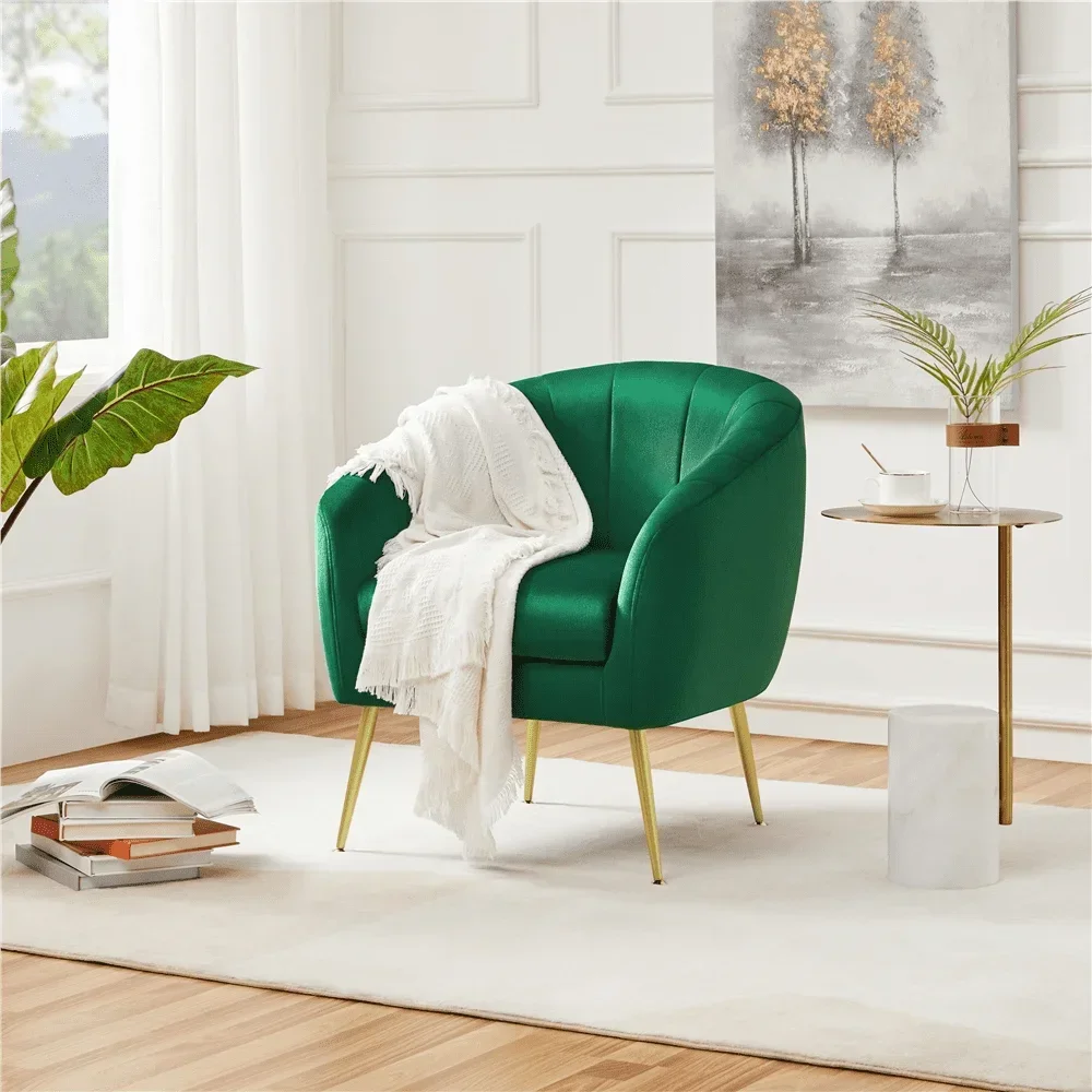 

Accent Chair, Alden Design Barrel Accent Chair with Gold Metal Legs, Green Vanity Chair, Living Room Furniture Guest Sofa