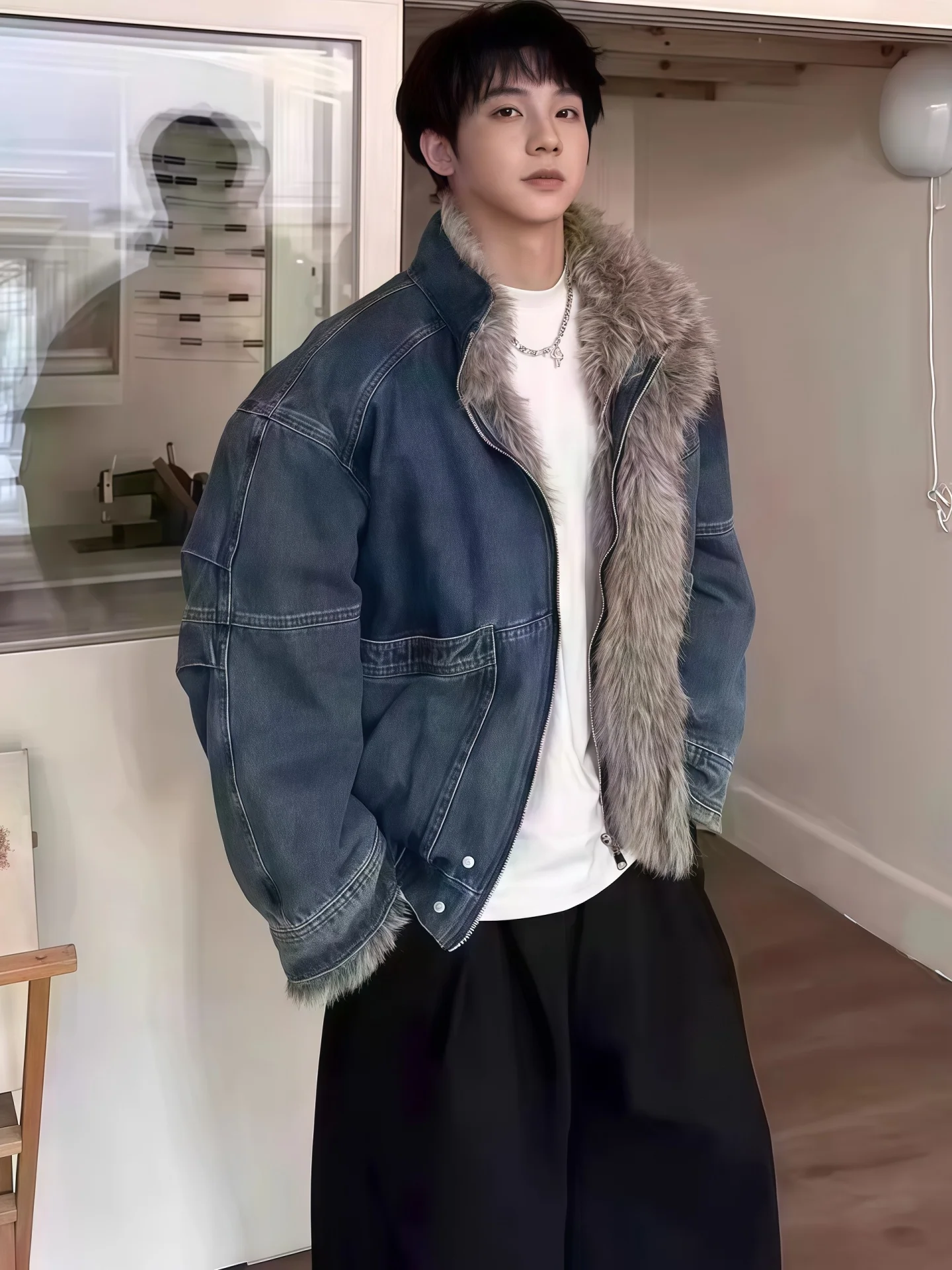 

American Sle Men's ort Thiened down Cotton Jaet Winter Outerwear with Fur Collar Youth Faion Warm round Hem Zipper