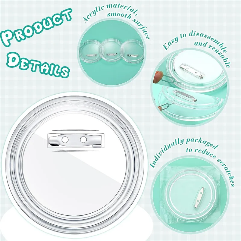 Insignia de 3 pulgadas, insignias de botones artesanales transparentes, botones traseros para proyectos escolares, 25 uds.