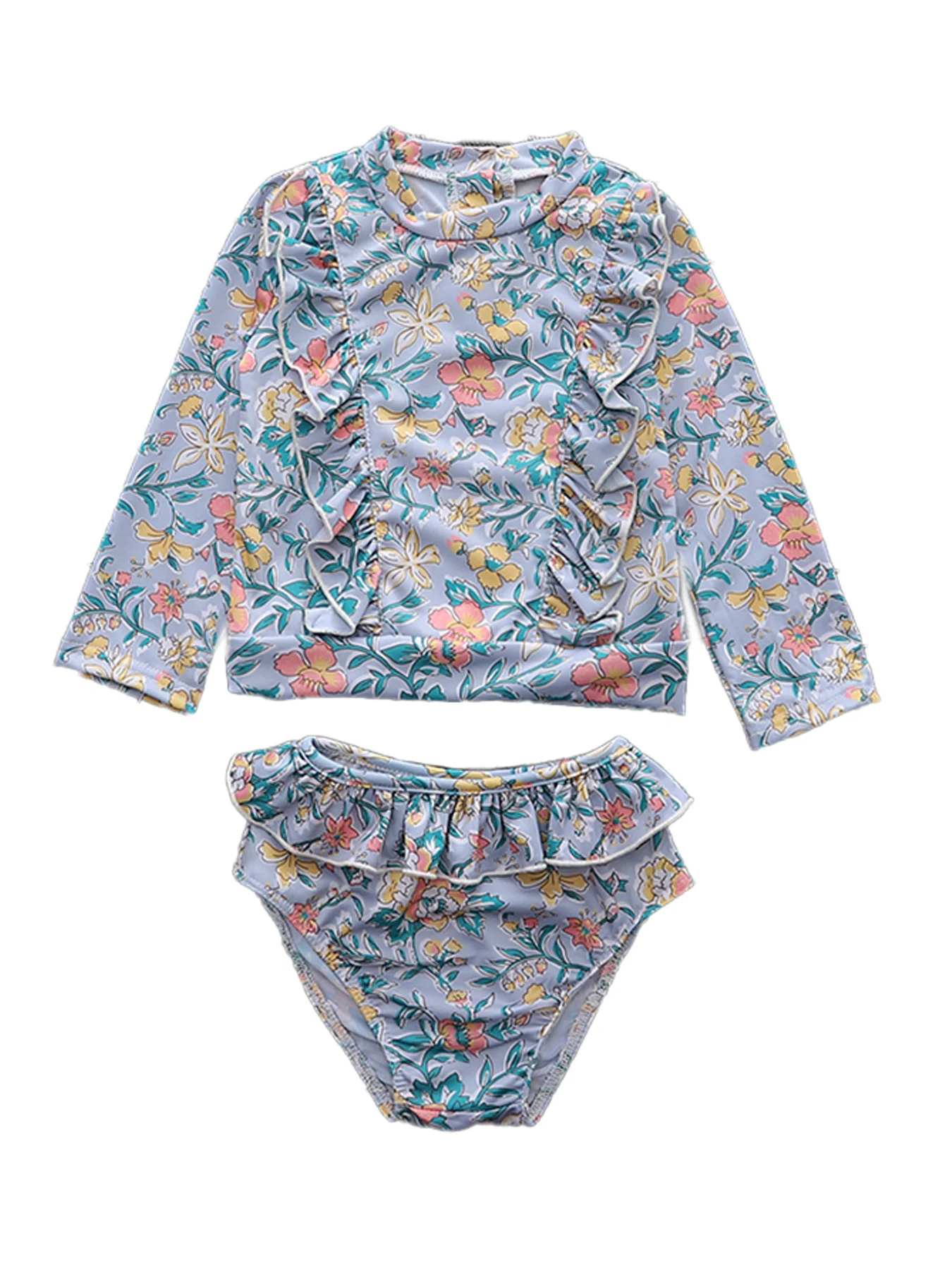 

2-Piece Girls Colorblock Long Sleeve Swimsuit Set, Long Sleeve Top + Briefs, Ruffle Trim, Suitable for Swimming, Beach Party