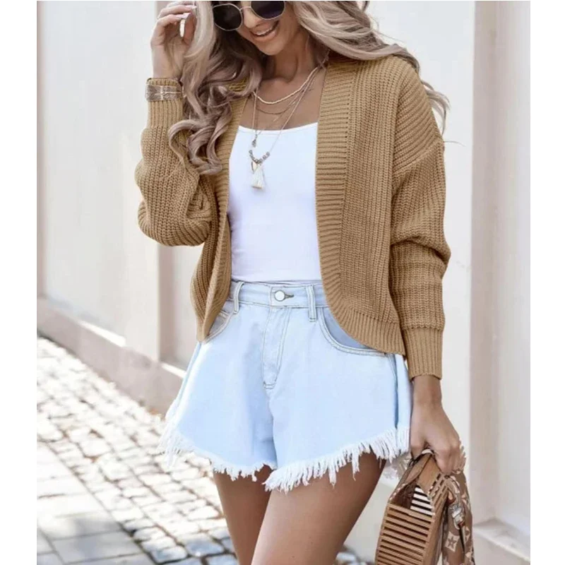 Open Front Crop Cardigan Long Sleeve Drop Shoulder Knitted Sweater Jacket Women Teen-girl Spring Fall Basic Outfit