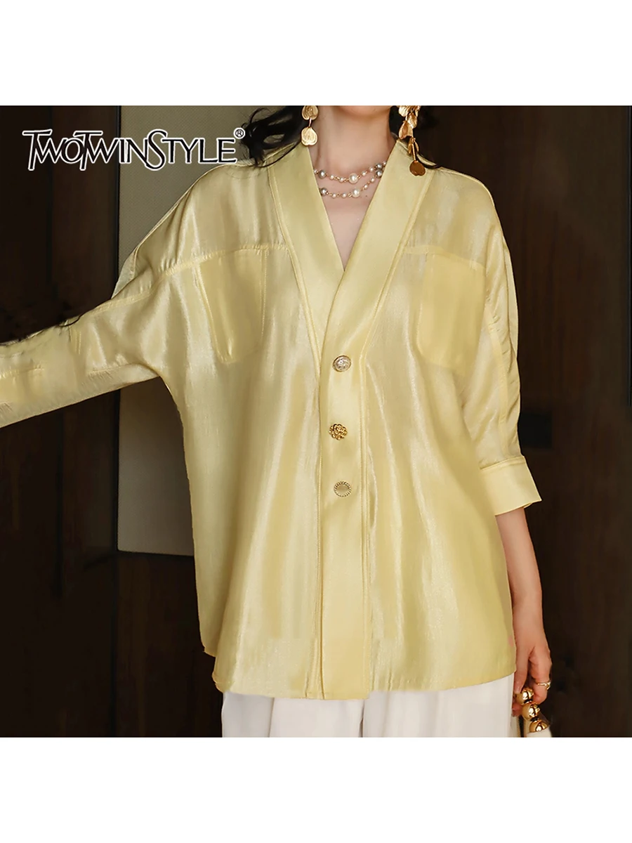 

TWOTWINSTYLE Soild Loose Spliced Single Breasted Elegant Shirts for Women V Neck Half Sleeves Minimalist Shirt Female Clothing