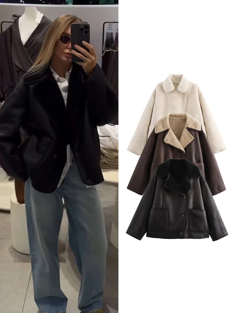 

Autumn New Women's Loose Jacket Fashion Faux Fur Leather One Piece Pocket Jacket Coats Female Casual High Street Outerwear