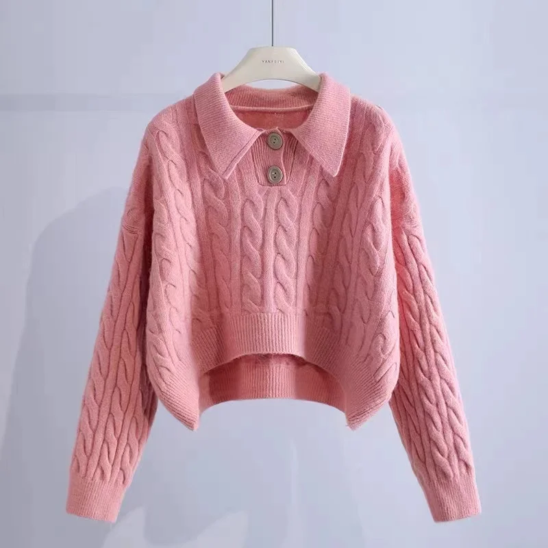 

New Long Sleeve Pullover Loose Women Sweater Autumn and Winter Short Knitted Tops New Fashion Casual Lapel Button Knitwear Sweet