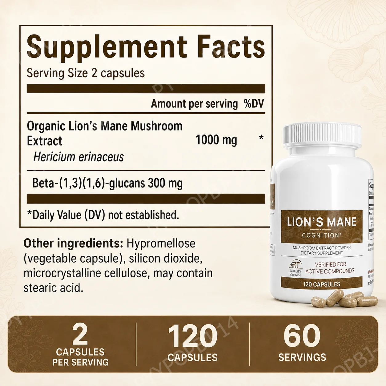 Lion’s Mane Mushroom Extract Capsules 1000mg, 300mg Beta Glucans, 120 Count, Vegan Non-GMO Gluten Free Daily Blend