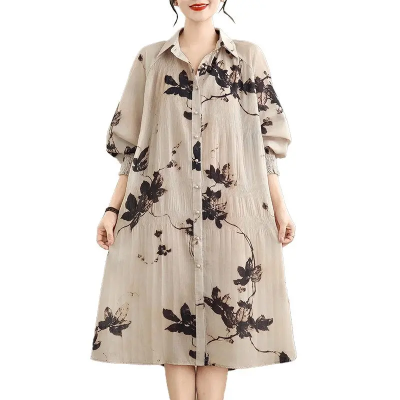 Abito camicia da donna retrò con stampa a inchiostro cinese - Abito primaverile-autunno stile cardigan dalla vestibilità ampia con orlo svasato G179