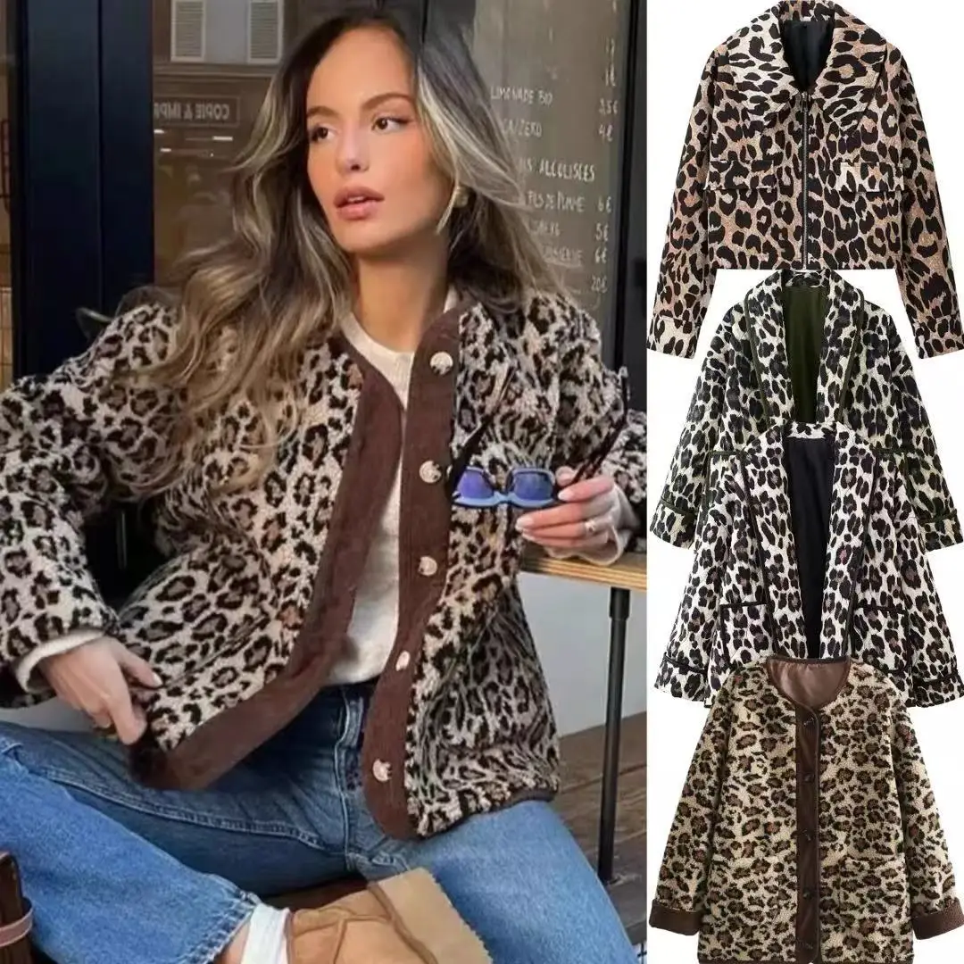 

Осеннее женское стеганое пальто с леопардовым принтом, верхняя одежда с круглым вырезом и длинными рукавами на пуговицах для женщин, стильная женская флисовая куртка Y2K