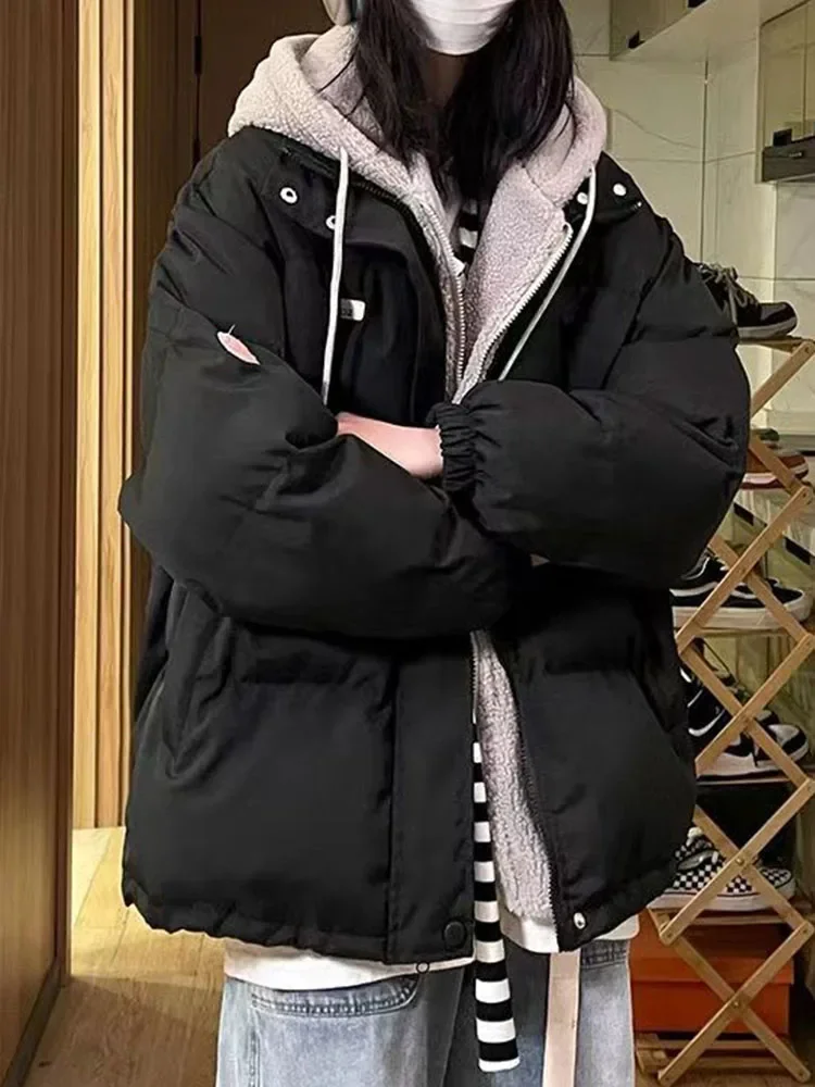 Feminino falso dois itens com capuz engrossar parkas inverno quente zíper solto para baixo algodão abrigos topos casual coreano manga longa casacos novo