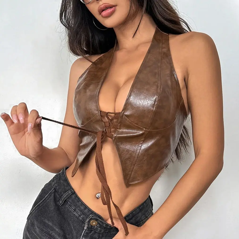 

Pu Leather Vest Sexy Sleeveless Corset Crop Tops 2024 Summer Women's Fashion Halter Tank Top Front Strap Streetwear Fit Camisole