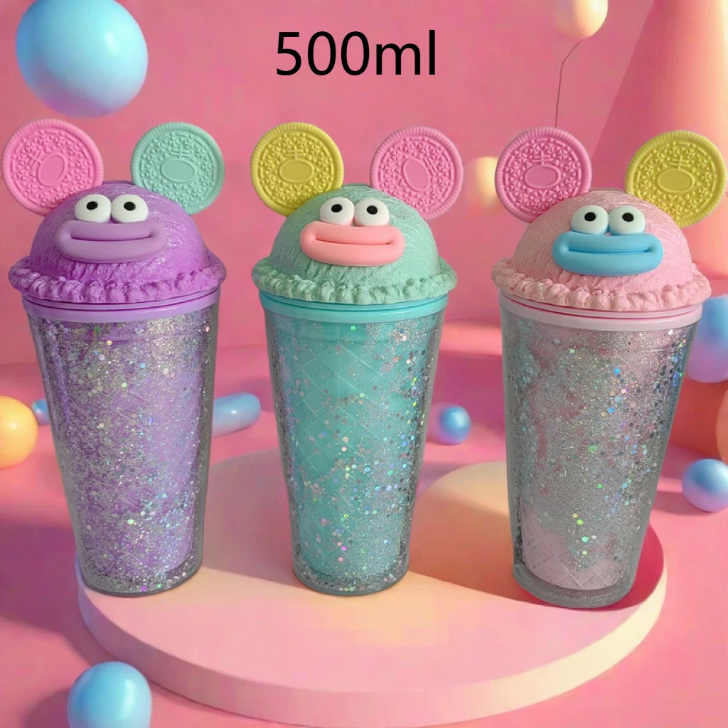 

Funny Mouth Cartoon Glitter Straw Cup,Biscuit Ear Double-layer Plastic Cup,Student High-value Portable Water Cups, Birthday Gift