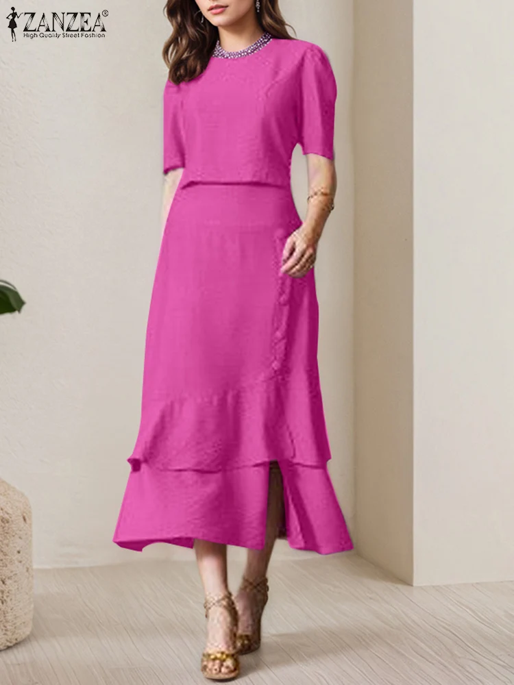 

ZANZEA, женские комплекты платьев миди, однотонные топы с короткими рукавами, нерегулярные длинные юбки с рюшами, костюмы, 2025 г., элегантные рабочие одинаковые комплекты