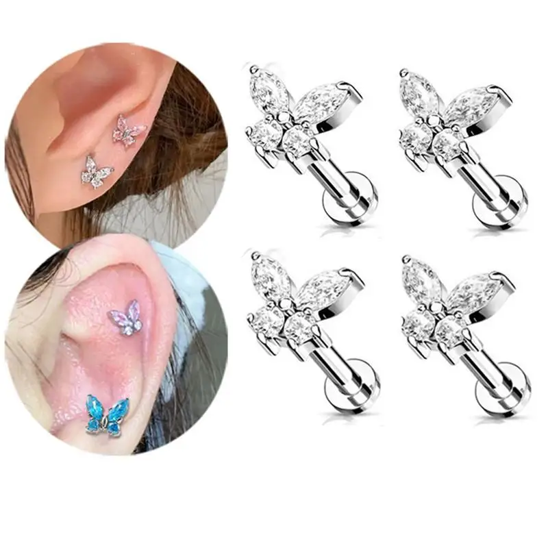 Right Grand ASTM F136 Titanium 16G Mini Butterfly CZ Labret Tragus Cartilage Conch Forward Helix Stud Nose Piercing Body Jewelr