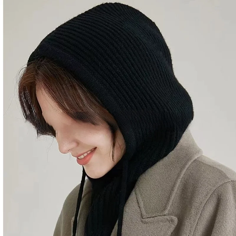 가을 겨울 따뜻한 목도리 일체형 니트 후드 방풍 모자 스키 귀목 보호 울 모자