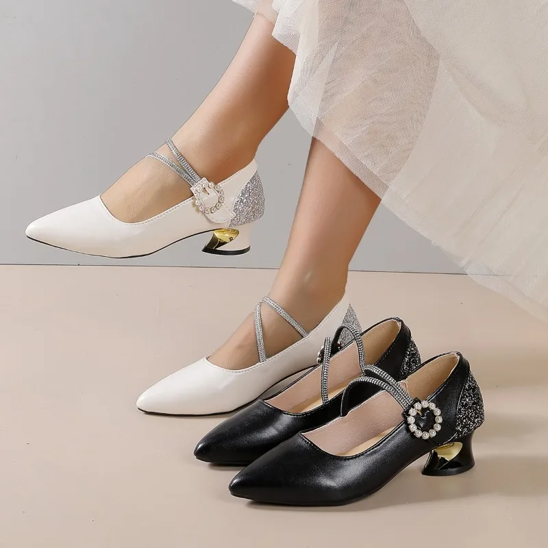 Bare Color Coarse Follow-up Shoes Women's Soft Leather 2026 New Versatile Temperament Light Mouth Plus Size High Heels