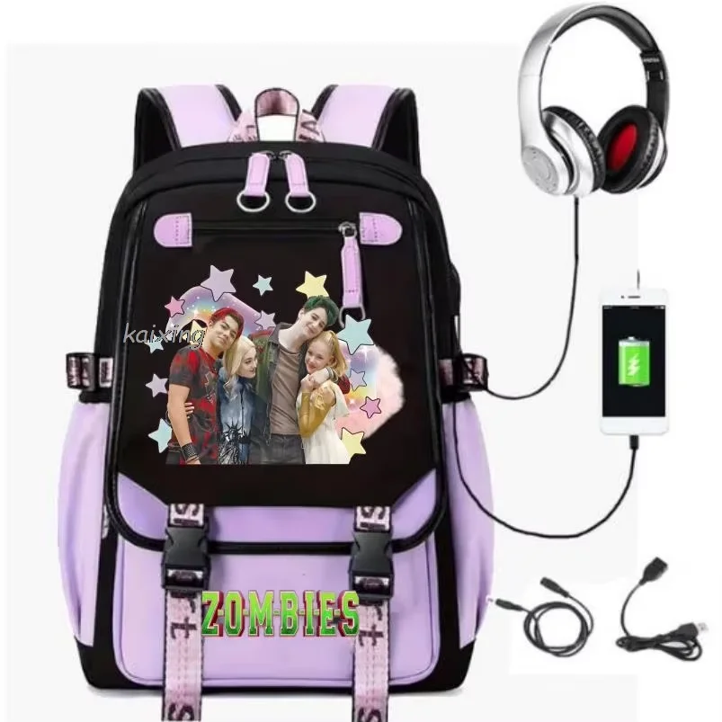 Movie Character Star Print Backpack Color Block Pom Pom Decor USB Charging Port Student Teen Girls Casual Travel Daily Schoolbag