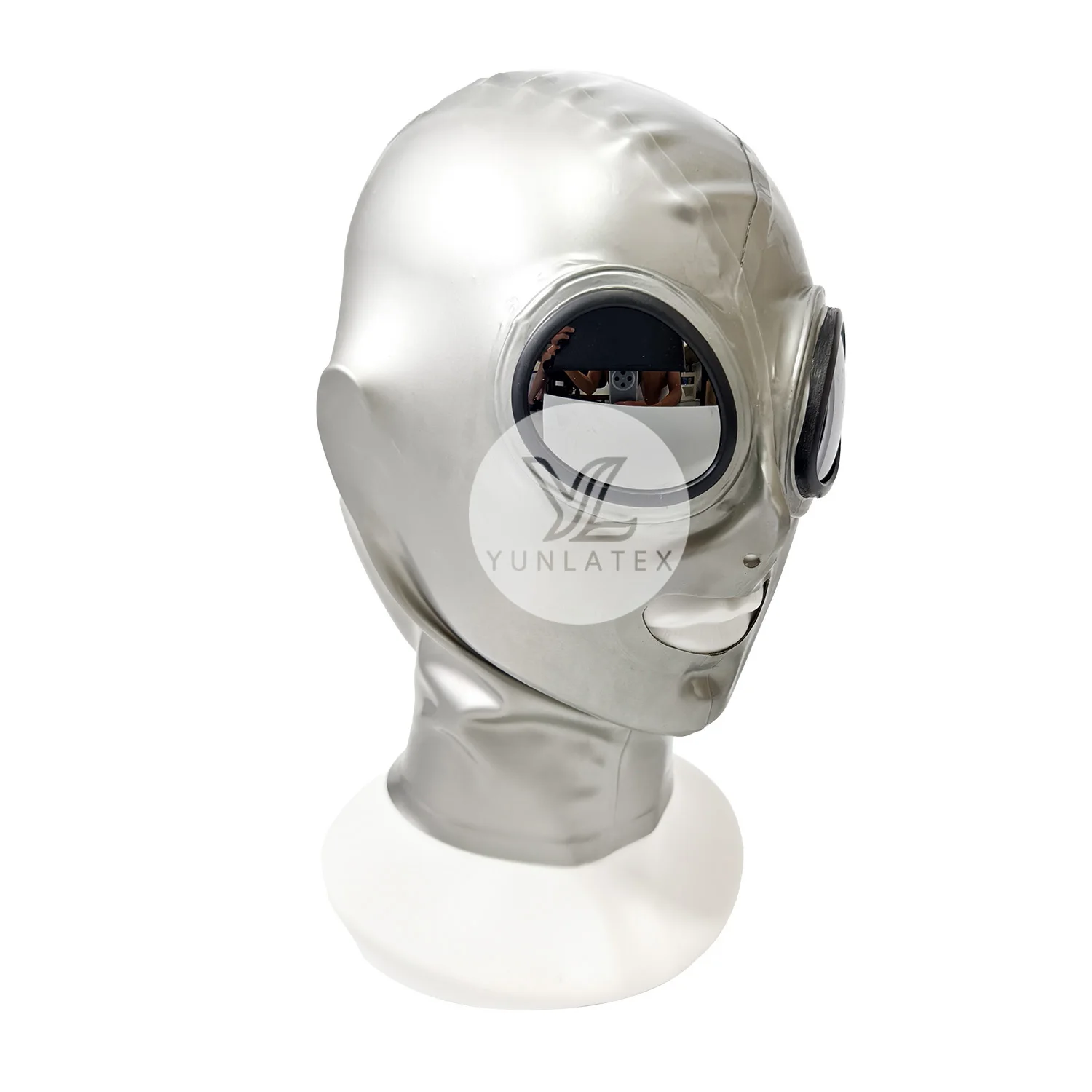 Shiny Silver Latex Hood with Eyes Glasses Back Zipper Open Mouth Rubber Mask for Cosplay Halloween Customizable 0.4mm