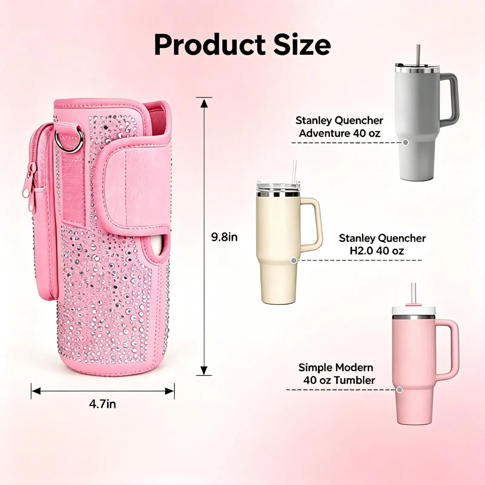Rhinestone Bling Tumbler Carrier Bag for 40 oz Stanley Quencher, Water Bottle Sling with Zipper Pocket for Travel Gym Car