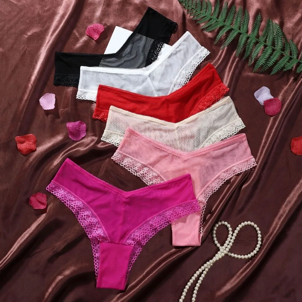 Low Waist Mesh Floral Panties Patchwork Underwear Lace Flower Transparent Briefs Female Lingerie Hollow Mesh Sheer Lace Thong