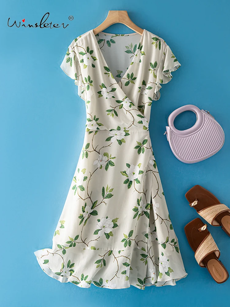 

Winsleter-Women's 100%Real Silk Elegant Dress, V Neck Short Sleeve Print, French Ruffles Trumpet Dresses, 2025 Summer D57343CC