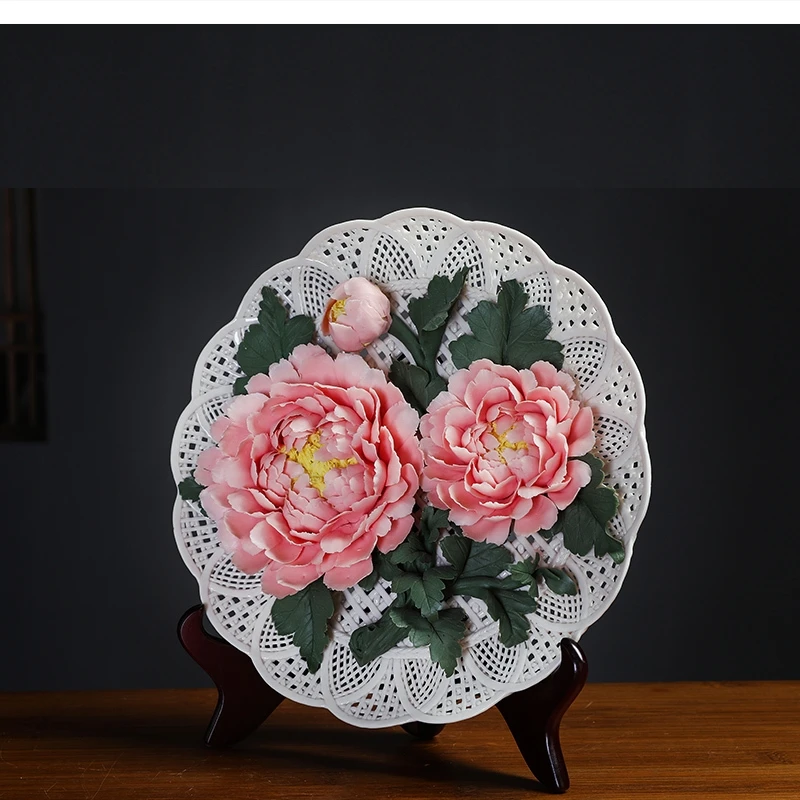 

New Chinese ceramic hand-painted peony hanging plate art decoration living room decorative arts and crafts housewarming gift