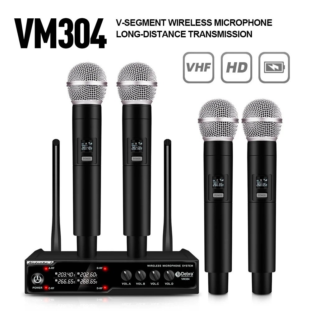 Debra 4 Channel Wireless Microphone VM304 Stable System VHF 4 Handheld Cordless Mic For Family Karaoke Church Stage Performance