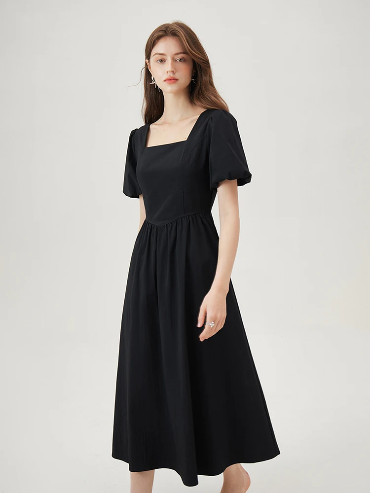 FSLE【3 Colors】Women Square Neck Long A-LINE Dress Back Hollow Out Design Office Lady Summer Black Long Dresses 24FS12954