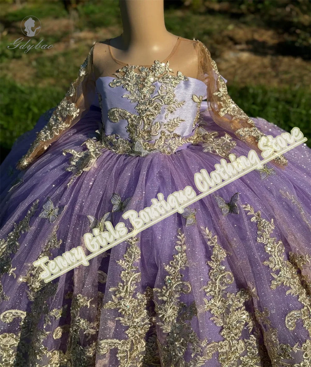 Abito da principessa per ragazza color lavanda, applicazioni in pizzo biondo, soffice fiocco grande, lungo trail, abito da damigella d'onore per matrimonio, prima comunione