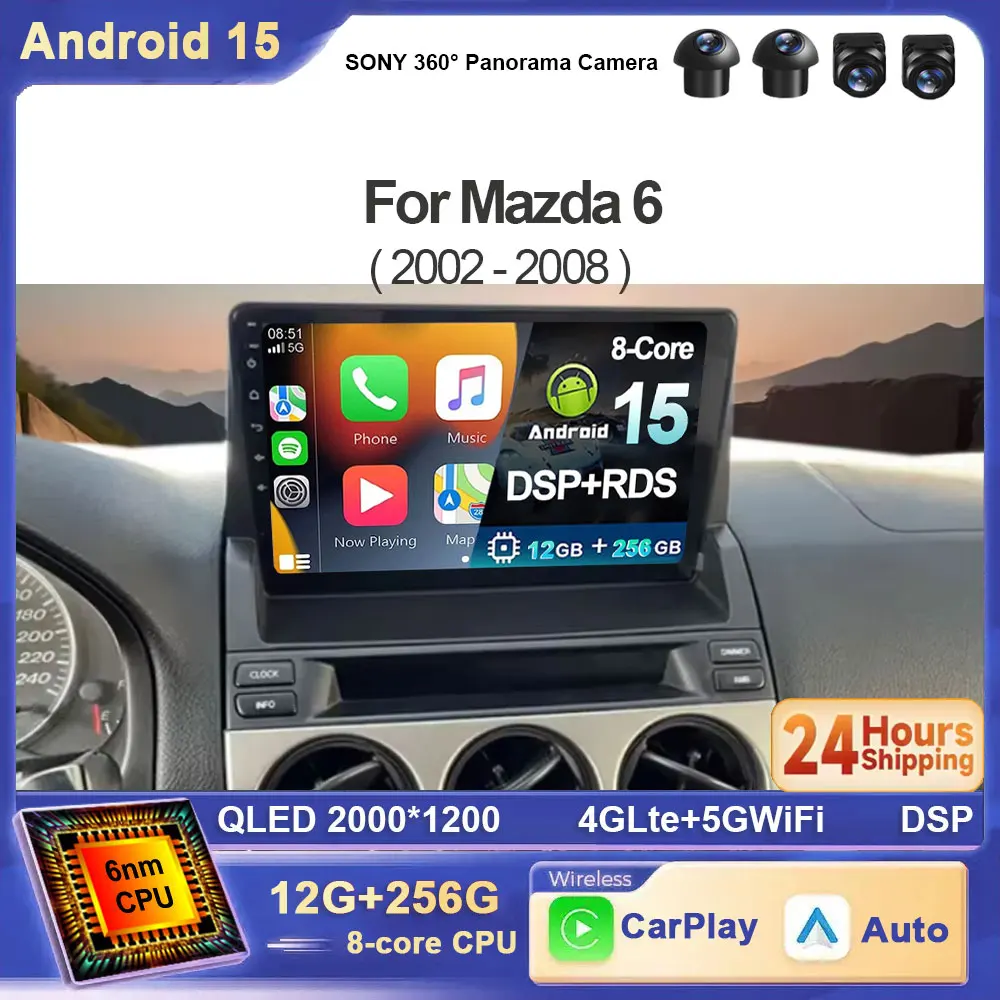 

For Mazda 6 2002 - 2008 GPS Multimedia Android 15 Car Radio Player Navi Head Unit Wireless Carplay Auto Stereo QLED BT WIFI+4G