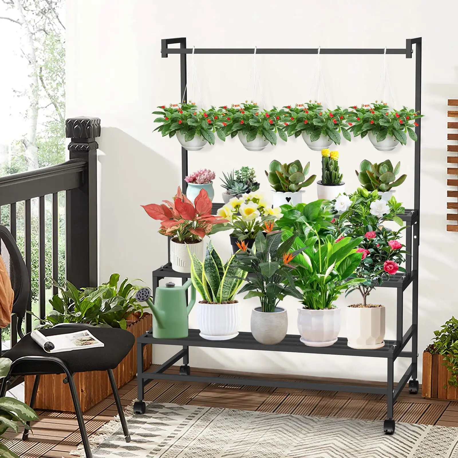 

Plant Stand Indoor Outdoor, 3 Tiered Heavy Duty Metal Plant Shelf for Multiple Plants, Hanging Tall Plant Rack with Wheels
