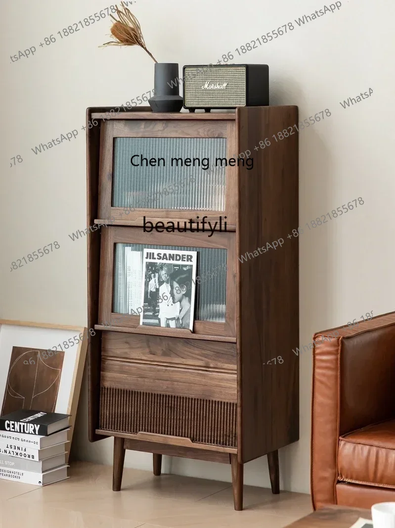 

xz1North America Black Walnut Solid Wood Bookcase Single Door Bookshelf All Solid Wood Sofa with Glass Door Side Cabinet